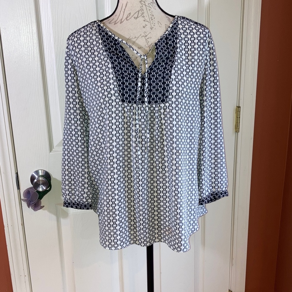 Boho Print Black White Lightweight Semi Sheer Blouse Top sz Small by NYDJ